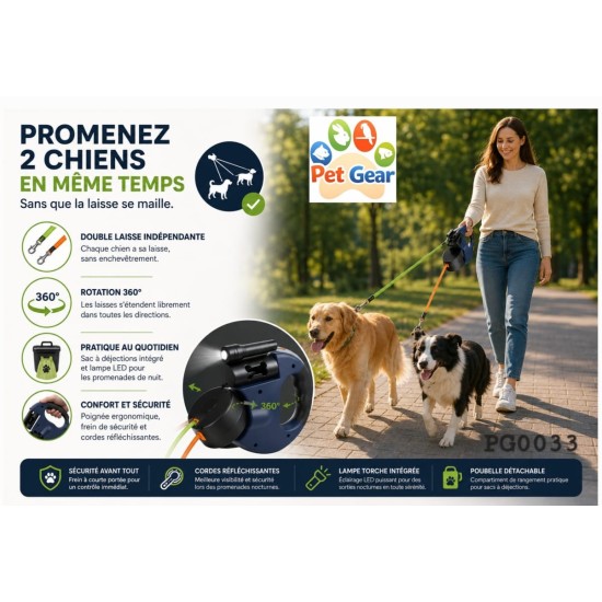 Laisse rétractable double pour chien